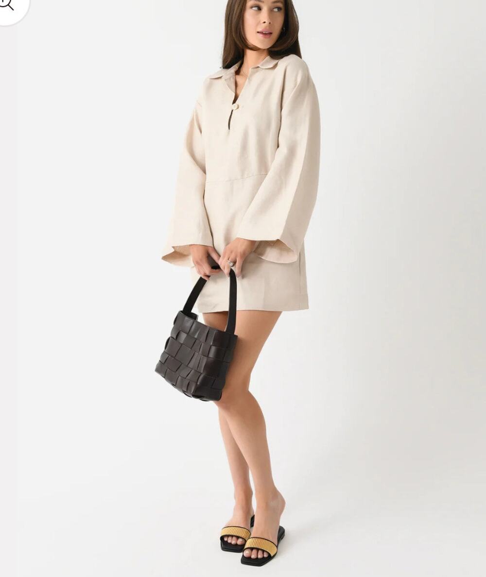 Bondi Born Sand Portuguese Linen Relaxed Bell Sleeve Delphi Dress XS